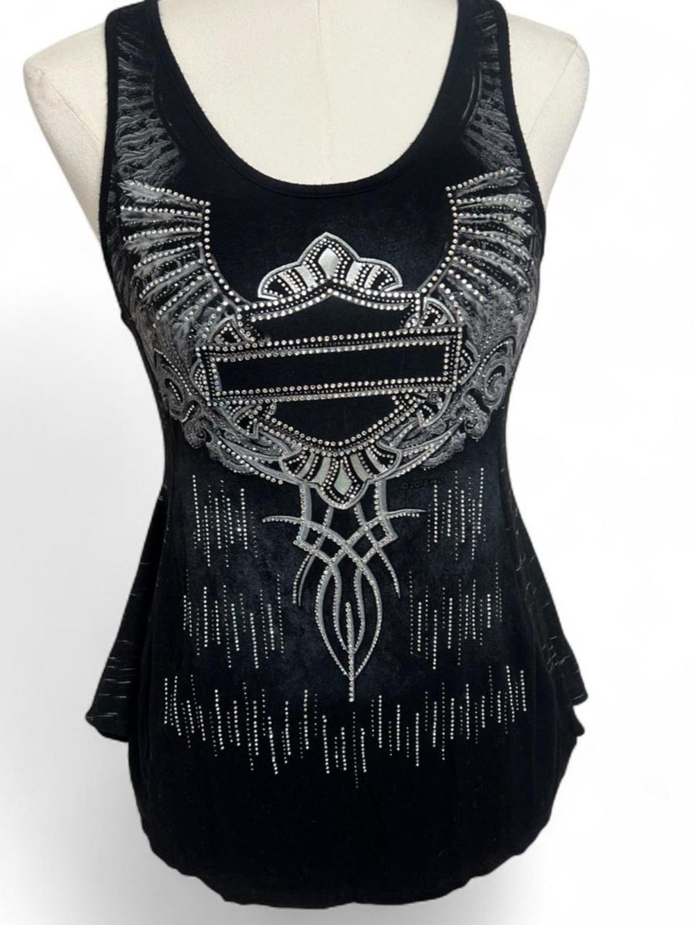 Harley Davidson black tank top with silver rhinestones bedazzled wings biker y2k
